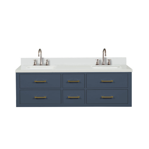 Lexora Castor 60 inch W Blue Double Sink Wall Hung Vanity Cabinet, White Quartz Top, and Faucet Set - LVC60DE201