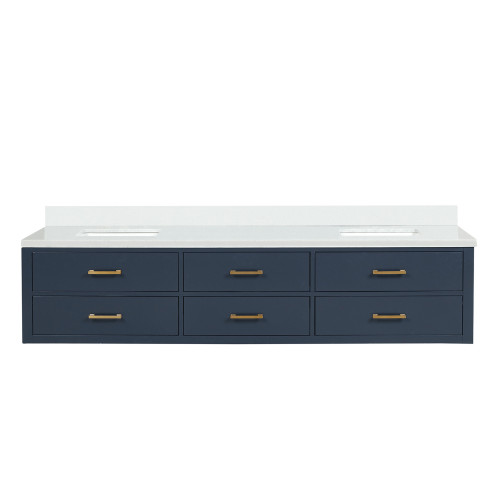 Lexora Castor 84 inch W Blue Double Sink Wall Hung Vanity Cabinet and White Quartz Top - LVC84DE200