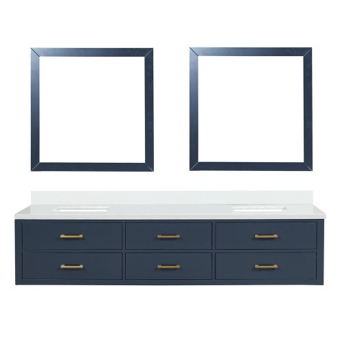 Lexora Castor 84 inch W Blue Double Sink Wall Hung Vanity Cabinet, Cultured Marble Top, and 36 in Mirrors - LVC84DE310