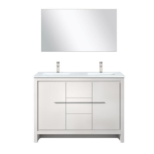 Lexora Lafarre 48 inch W x 20 in D White Double Sink Vanity Cabinet, White Quartz Top, Brushed Nickel Faucet Set and 43 in Mirror - LVLF48DW212