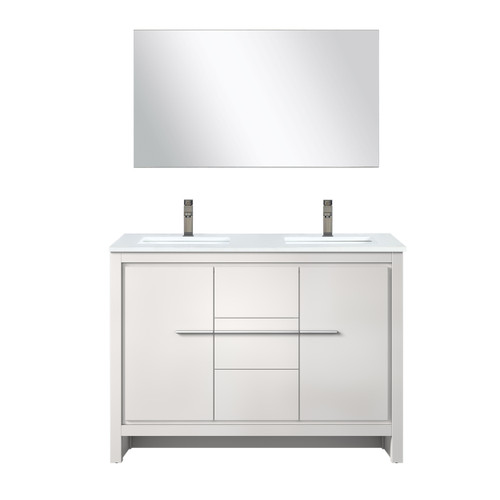 Lexora Lafarre 48 inch W x 20 in D White Double Sink Vanity Cabinet, White Quartz Top, Gun Metal Faucet Set and 43 in Mirror - LVLF48DW213
