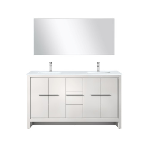 Lexora Lafarre 60 inch W x 20 in D White Double Sink Vanity Cabinet, White Quartz Top, Chrome Faucet Set and 55 in Mirror - LVLF60DW211