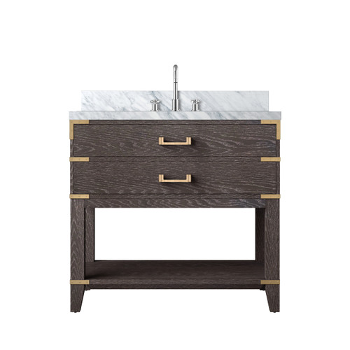Lexora Norwalk 36 inch W Brown Oak Vanity Cabinet, Carrara Marble Top, and Faucet Set - LVN36SK101