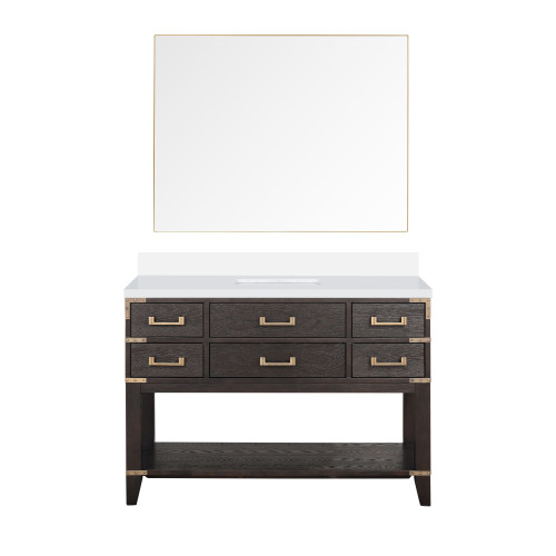 Lexora Norwalk 48 inch W Brown Oak Vanity Cabinet, White Quartz Top, and 46 in Mirror - LVN48SK210