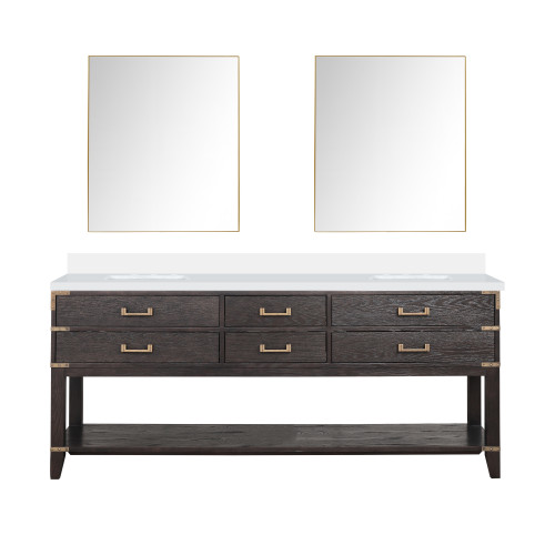 Lexora Norwalk 80 inch W Brown Oak Double Sink Vanity Cabinet, White Quartz Top, and 36 in Mirrors - LVN80DK210