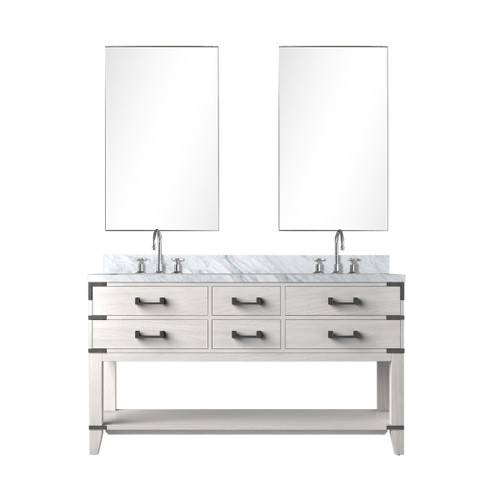 Lexora Norwalk 60 inch W White Oak Double Sink Vanity Cabinet, Carrara Marble Top, Faucet Set, and 28 in Mirrors - LVN60DM111