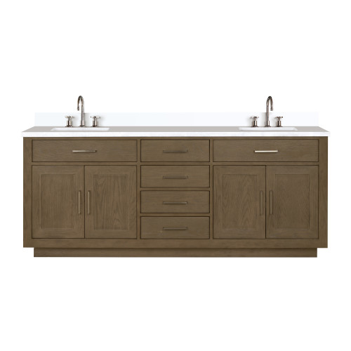 Lexora Abbey 80 inch W Grey Oak Double Sink Vanity Cabinet, White Quartz Top, and Faucet Set - LVA80DR201