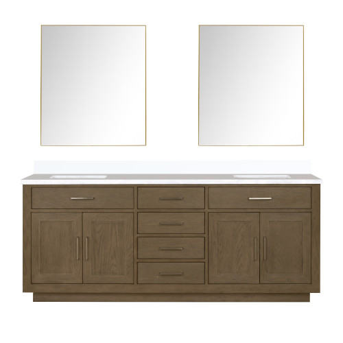 Lexora Abbey 80 inch W Grey Oak Double Sink Vanity Cabinet, White Quartz Top, and 36 in Mirrors - LVA80DR210