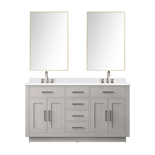 Lexora Abbey 60 inch W White Oak Double Sink Vanity Cabinet Cultured Marble Countertop, 55 in Mirror and Faucet Set - LVA60DM311