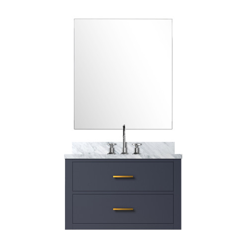 Lexora Castor 30 inch W Blue Single Bath Wall Hung Vanity Cabinet Carrara Marble Countertop, 28 in Mirror and Faucet Set - LVC30SE111