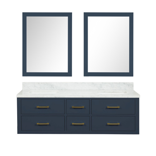Lexora Castor 60 inch W Blue Double Sink Wall Hung Vanity Cabinet, Carrara Marble Top, and 28 in Mirrors - LVC60DE110