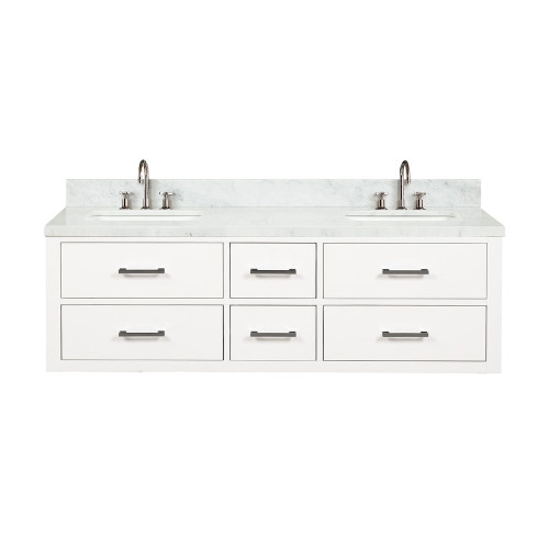 Lexora Castor 60 inch W White Double Sink Wall Hung Vanity Cabinet, Carrara Marble Top, and Faucet Set - LVC60DA101