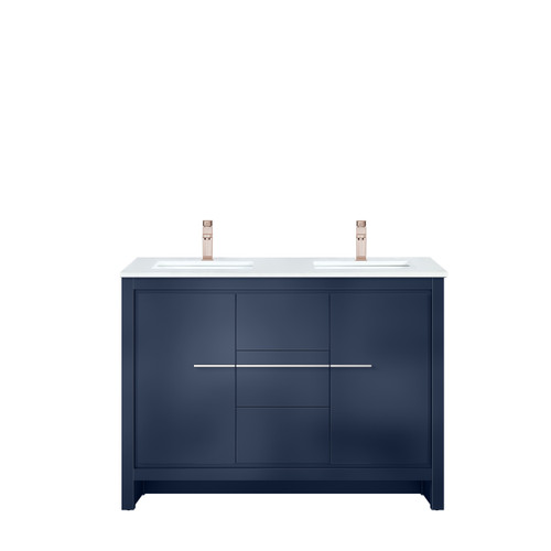 Lexora Lafarre 48 inch W x 20 in D Navy Blue Double Sink Vanity Cabinet, White Quartz Top and Rose Gold Faucet Set - LVLF48DNB204