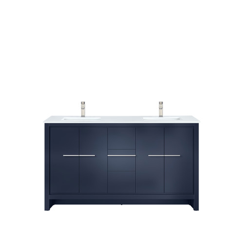Lexora Lafarre 60 inch W x 20 in D Navy Blue Double Sink Vanity Cabinet, White Quartz Top and Brushed Nickel Faucet Set - LVLF60DNB202