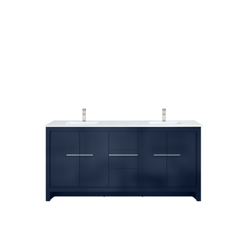 Lexora Lafarre 72 inch W x 20 in D Navy Blue Double Sink Vanity Cabinet, White Quartz Top and Brushed Nickel Faucet Set - LVLF72DNB202