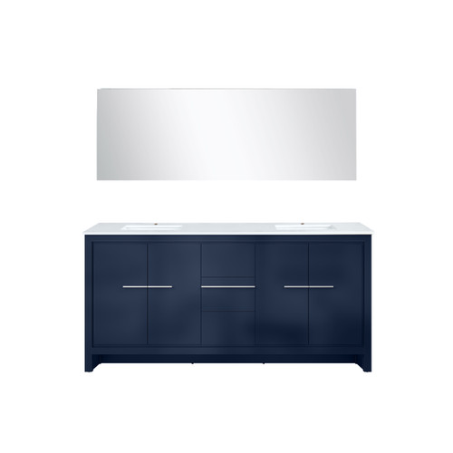 Lexora Lafarre 72 inch W x 20 in D Navy Blue Double Sink Vanity Cabinet, Cultured Marble Top and 70 in Mirror - LVLF72DNB310