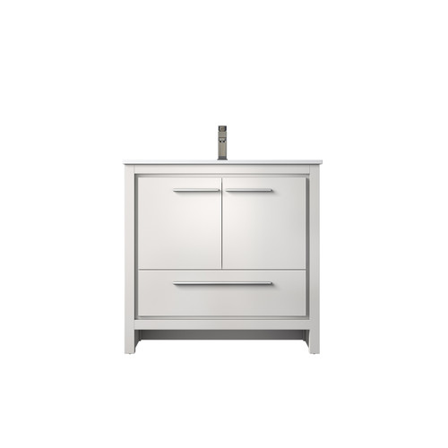 Lexora Lafarre 36 inch W x 20 in D White Bath Vanity Cabinet, White Quartz Top and Gun Metal Faucet Set - LVLF36SW203