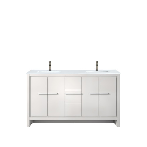 Lexora Lafarre 60 inch W x 20 in D White Double Sink Vanity Cabinet, Cultured Marble Top and Gun Metal Faucet Set - LVLF60DW303