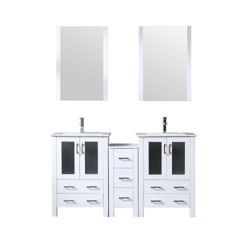 Lexora Volez 60 inch W White Double Sink Vanity Cabinet with Side Cabinet, Faucet Set, White Ceramic Top, and 22 in Mirrors - LV341860SAESM22F