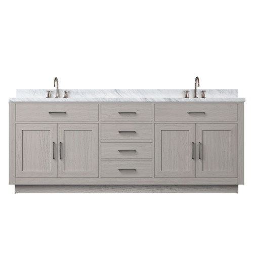 Lexora Abbey 84 inch W White Oak Double Sink Vanity Cabinet, Carrara Marble Top, and Faucet Set - LVA84DM101
