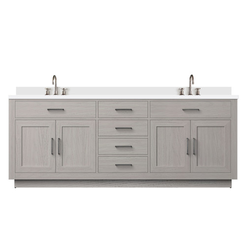 Lexora Abbey 84 inch W White Oak Double Sink Vanity Cabinet, Cultured Marble Top, and Faucet Set - LVA84DM301