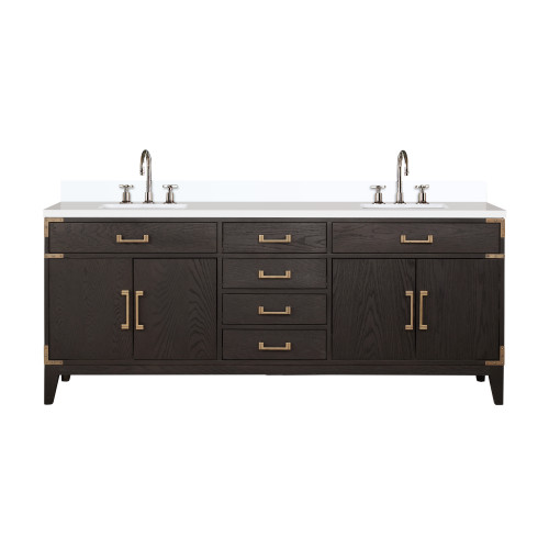 Lexora Laurel 80 inch W Brown Oak Double Sink Vanity Cabinet, White Quartz Top, and Faucet Set - LVL80DK201