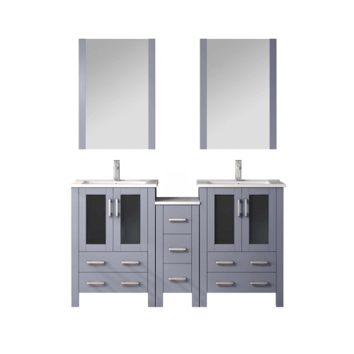 Lexora Volez 60 inch W Dark Grey Double Sink Vanity Cabinet with Side Cabinet, Faucet Set, White Ceramic Top, and 22 in Mirrors - LV341860SBESM22F