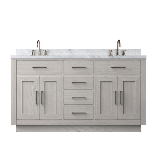Lexora Abbey 60 inch W White Oak Double Sink Vanity Cabinet, Carrara Marble Top, and Faucet Set - LVA60DM101