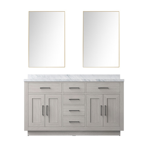 Lexora Abbey 60 inch W White Oak Double Sink Vanity Cabinet Carrara Marble Countertop and 55 in Mirror - LVA60DM110