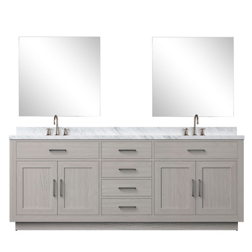 Lexora Abbey 84 inch W White Oak Double Sink Vanity Cabinet Carrara Marble Countertop, 34 in Mirrors and Faucet Set - LVA84DM111