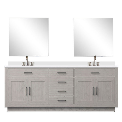 Lexora Abbey 84 inch W White Oak Double Sink Vanity Cabinet White Quartz Countertop, 34 in Mirrors and Faucet Set - LVA84DM211