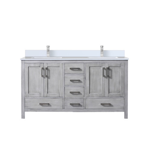 Lexora Jacques 60 in. W Distressed Grey Double Sink Vanity Cabinet, White Quartz Top, and Faucet Set - LVJ60DD201