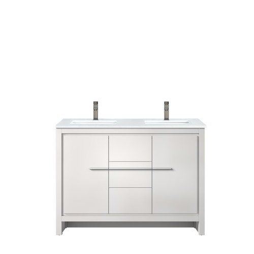 Lexora Lafarre 48 inch W x 20 in D White Double Sink Vanity Cabinet, White Quartz Top and Gun Metal Faucet Set - LVLF48DW203