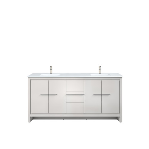Lexora Lafarre 72 inch W x 20 in D White Double Sink Vanity Cabinet, White Quartz Top and Brushed Nickel Faucet Set - LVLF72DW202