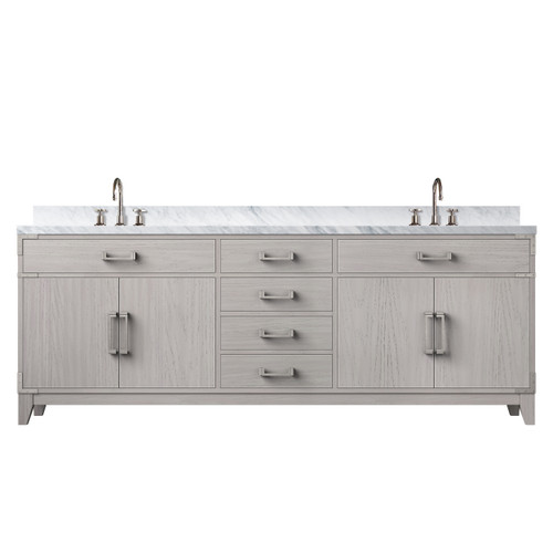 Lexora Laurel 84 inch W White Oak Double Sink Vanity Cabinet, Carrara Marble Top, and Faucet Set - LVL84DM101
