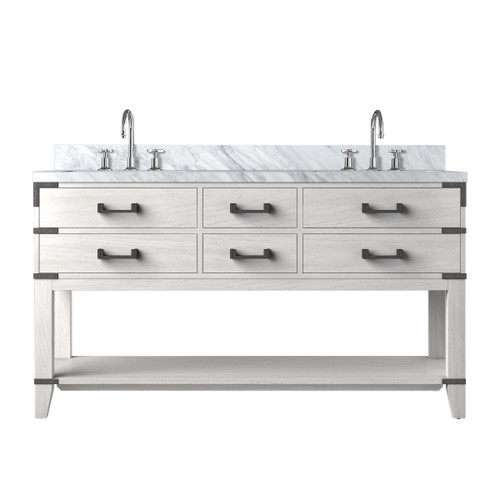 Lexora Norwalk 60 inch W White Oak Double Sink Vanity Cabinet, Carrara Marble Top, and Faucet Set - LVN60DM101