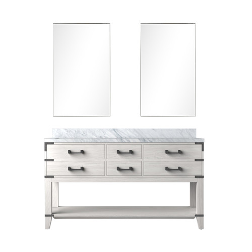 Lexora Norwalk 60 inch W White Oak Double Sink Vanity Cabinet, Carrara Marble Top, and 28 in Mirrors - LVN60DM110