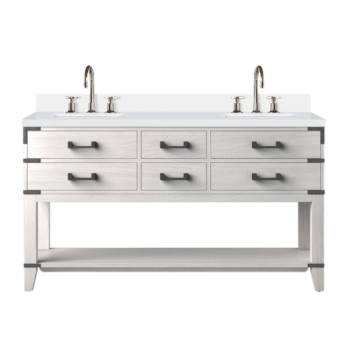 Lexora Norwalk 60 inch W White Oak Double Sink Vanity Cabinet, White Quartz Top, and Faucet Set - LVN60DM201