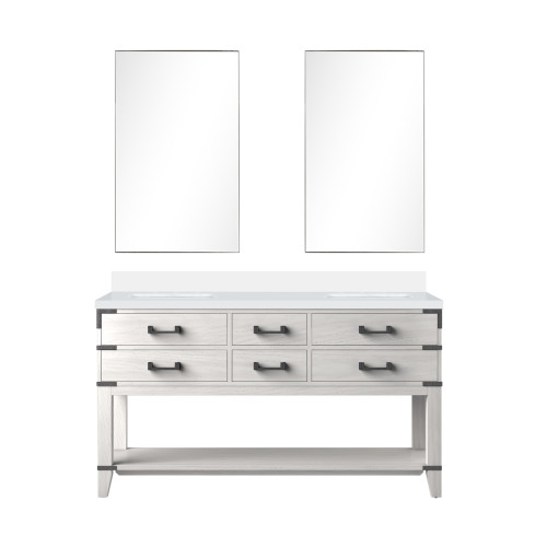 Lexora Norwalk 60 inch W White Oak Double Sink Vanity Cabinet, White Quartz Top, and 28 in Mirrors - LVN60DM210
