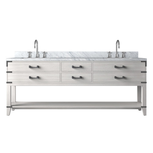 Lexora Norwalk 84 inch W White Oak Double Sink Vanity Cabinet, Carrara Marble Top, and Faucet Set - LVN84DM101