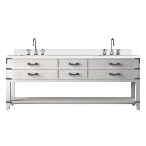 Lexora Norwalk 84 inch W White Oak Double Sink Vanity Cabinet, White Quartz Top, and Faucet Set - LVN84DM201