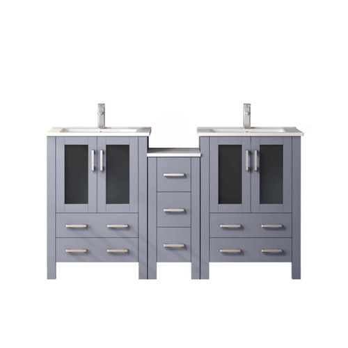 Lexora Volez 60 inch W Dark Grey Double Sink Vanity Cabinet with Side Cabinet, White Ceramic Top, and Faucet Set - LVV60D24B601