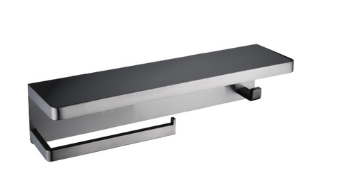 Lexora Bagno Bianca Stainless Steel Black Glass Shelf with Towel Bar & Robe Hook in Gun Metal - LSTR18152GMBG