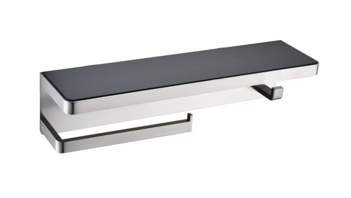 Lexora Bagno Bianca Stainless Steel Black Glass Shelf with Towel Bar & Robe Hook in Brushed Nickel - LSTR18152BNBG