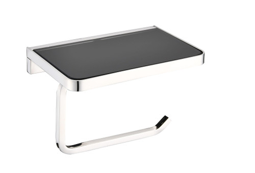 Lexora Bagno Bianca Stainless Steel Black Glass Shelf with Toilet Paper Holder in Chrome - LSP18152PCBG