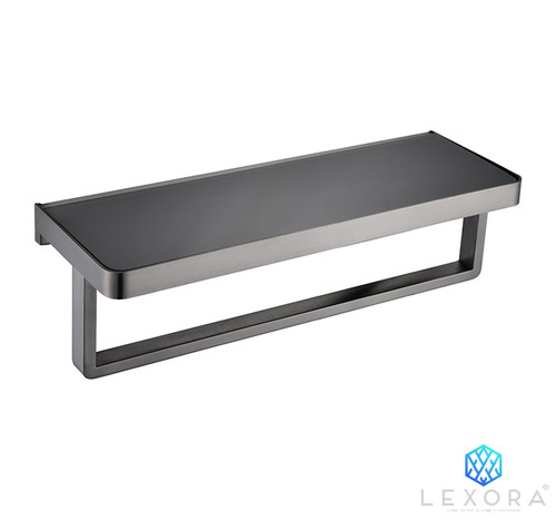 Lexora Bagno Bianca Stainless Steel Black Glass Shelf with Towel Bar in Gun Metal - LST18152GMBG