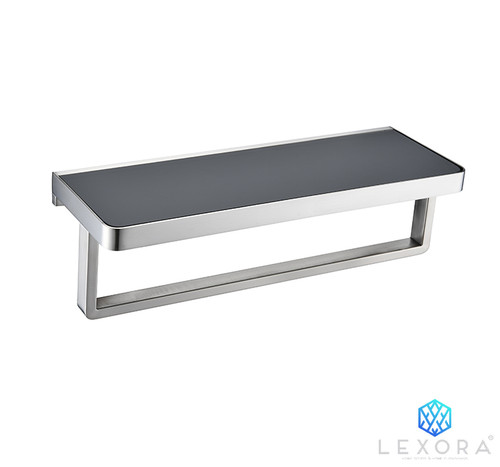 Lexora Bagno Bianca Stainless Steel Black Glass Shelf with Towel Bar in Brushed Nickel - LST18152BNBG