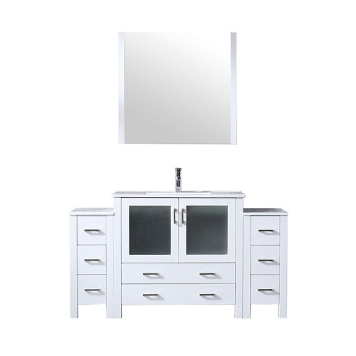 Lexora Volez 60 inch W White Bath Vanity Cabinet with Side Cabinets, Faucet Set, White Ceramic Top, and 34 in Mirror - LV341860SAESM34F