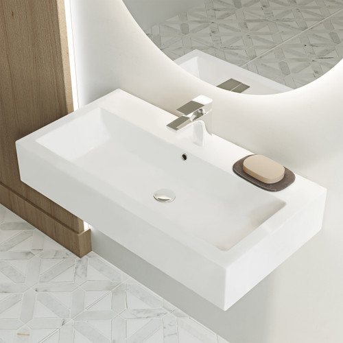 Swiss Madison SM-WS292 Voltaire Wide Rectangle Wall-Mount Sink - Shiny White Swiss Madison SM-WS292 Voltaire Wide Rectangle Wall-Mount Sink - Shiny White