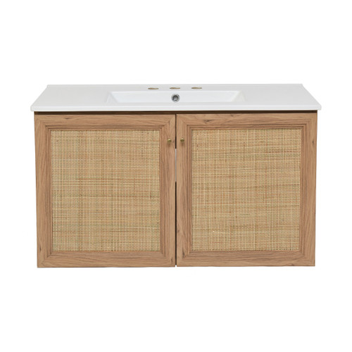 Swiss Madison SM-BV667-3 Classe 36" Brown Oak Wall Hung Bathroom Vanity With White, 3-Hole Ceramic Sink Top Swiss Madison SM-BV667-3 Classe 36" Brown Oak Wall Hung Bathroom Vanity With White, 3-Hole Ceramic Sink Top